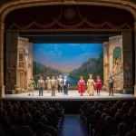 Un grande teatro con palco illuminato, attori in costume in azione, platea piena di spettatori.