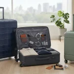 Valigie da viaggio in un ambiente luminoso: un trolley rigido, uno morbido e una valigia più grande da stiva.