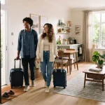 Coppia di inquilini mentre entra per la prima volta in un appartamento moderno destinato agli affitti brevi, con trolley da viaggio accanto a loro.