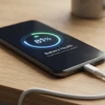 Smartphone moderno in ricarica con sullo schermo la percentuale di batteria del telefono rimanente