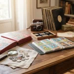 Selezione di oggetti da collezionismo come monete antiche, francobolli, libri antichi, vinili, figurine, una piccola macchina fotografica vintage e alcuni memorabilia.