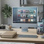 Una scrivania con il contrasto tra la cultura digitale senza possesso e supporti fisici, come vinili, CD e libri.