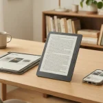 Una scrivania con ebook da leggere su schermi digitali di tablet e smartphone, alcuni libri cartacei sullo sfondo e una piccola libreria domestica.