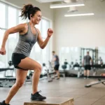 Donna durante un allenamento in una palestra mentre ascolta musica per allenarsi con auricolari wireless.