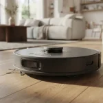 Primo piano di robot aspirapolvere mentre pulisce un moderno soggiorno con parquet.