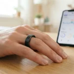 Smart ring indossato su un dito in primo piano; sullo sfondo, leggermente sfocato uno smartphone che mostra grafici di monitoraggio della salute.