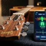 Una app sullo smartphone per la chitarra vicina a un manico dello strumento a 6 corde
