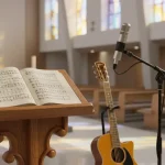 Immagine evocativa di canti religiosi con spartito e chitarra in una chiesa