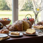 Tavola con colomba, uova di cioccolato decorate e dolci pasquali regionali italiani
