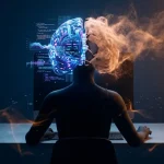 Un'immagine concettuale e surreale sugli effetti della tecnologia sull'intelligenza umana. Un profilo umano seduto a una scrivania davanti a uno schermo; la testa rivela un cervello diviso in due metà: quella sinistra è formata da cavi a fibra ottica e nodi digitali luminosi con flussi di dati blu, mentre quella destra si dissolve in una nuvola di polvere dorata e arancione.