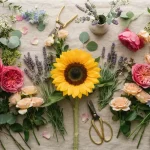 Una composizione di fiori freschi su uno sfondo di lino neutro.