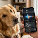 Persona che tiene uno smartphone con un traduttore per cani davanti a un Golden Retriever inclina la testa incuriosito.
