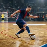 Due giocatori impegnati in una partita di calcio a 5 con sullo sfondo il pubblico sugli spalti.
