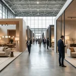 Spazio espositivo di una delle fiere del mobile con visitatori tra stand eleganti dedicati a arredamento, divani, tavoli, sedie, lampade e complementi d’arredo.