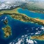 Una vista del meteo in Italia dal satellite, con la penisola e le principali caratteristiche del territorio riconoscibili attraverso montagne, pianure, coste e mare.