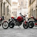 Moto italiane rappresentative di epoche diverse, una classica degli anni ’60-’70, una da strada anni 2000 e una moderna sportiva, parcheggiate su una elegante strada italiana.