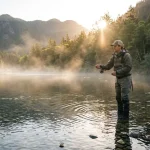 Una scena di pesca sportiva con pescatore con stivali immerso nell'acqua limpida e poco profonda di un fiume mentre impugna una canna da pesca a mosca con la lenza a metà lancio.