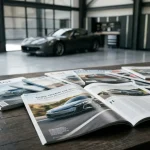 Un garage con sul tavolo con delle moderne riviste d'auto aperte. Sullo sfondo una automobile sportiva.