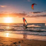 Tre sportivi al tramonto in spiaggia con surf, windsurf e kitesurf in volo sotto la luce del sole.