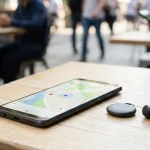 Uno smartphone che mostra una mappa di localizzazione su un tavolo all'aperto, accanto a un tracker Bluetooth e auricolari, a rappresentare il funzionamento della rete Trova Telefono di Google.