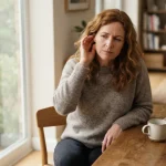 Donna adulta in un ambiente domestico tranquillo, seduta e con una mano vicino all’orecchio, espressione leggermente infastidita e pensierosa, per rappresentare la percezione degli acufeni.