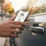 Utente di car sharing avvicina lo smartphone alla maniglia dell'auto condivisa per aprire la porta.
