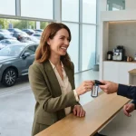 Donna sorridente riceve le chiavi di un'automobile da un operatore in una moderna e luminosa agenzia di noleggio auto con grandi vetrate sullo sfondo da cui si intravede una flotta di macchine pulite e ordinate.