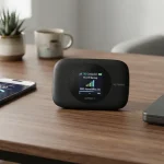 Una saponetta wi-fi su una moderna scrivania con smartphone e pc portatile.