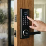 Primo piano ravvicinato di una serratura smart moderna ed elegante con mano di persona che interagisce delicatamente con il tastierino numerico.