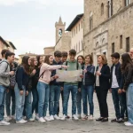 Alunni con professori durante una gita scolastica in una città italiana mentre consultano una mappa.