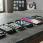 Rappresentazione di dispositivi ispirati alle diverse generazioni di smartphone iPhone Apple