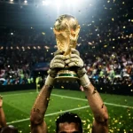 Un primo piano cinematografico ed emozionale del trofeo dei Mondiali di calcio che brilla ed è sollevato in alto sotto i riflettori dello stadio di notte.