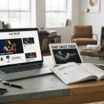 Scrivania moderna con un laptop che mostra riviste jazz online e cartacee, un giradischi e un sassofono.