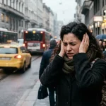 Donna stressata che si copre le orecchie per il troppo rumore nel traffico urbano, concetto di stress da inquinamento acustico