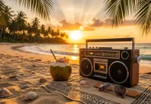 Una radio stereo retrò sulla spiaggia al tramonto per ascoltare canzoni estive in riva al mare.