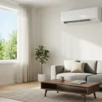 Soggiorno moderno e minimalista con condizionatore a parete bianco e termostato digitale che segna 25°C.