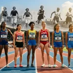 Atlete di diverse nazionalità in piedi su una pista di atletica moderna, con uno sfondo storico che mostra l'evoluzione del ruolo delle donne nello sport.