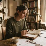 Un paroliere scrive il testo di una canzone seduto alla scrivania nel suo studio tra chitarre, dischi spartiti e fogli di appunti.