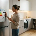 Etichetta energetica su un frigorifero in una cucina moderna, simbolo del risparmio energetico domestico.