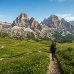 Sentieri di montagna con appassionato di trekking e picchi dolomitici caratteristici sullo sfondo.
