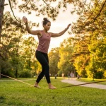 Giovane donna atletica cammina a piedi nudi su una slackline tesa tra due pini in un parco pubblico.