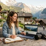 Una travel blogger lavora con laptop e fotocamera a un tavolo all'aperto in un suggestivo villaggio alpino baciato dal sole.
