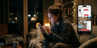 Una persona con dipendenza da social che li consulta sullo smartphone in modo compulsivo.