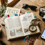 Libri di guide turistiche cartacee e digitali su uno smartphone su un tavolo con accessori da viaggio.