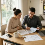 Coppia seduta al tavolo di un soggiorno esamina documenti di un mutuo per l'acquisto della casa.