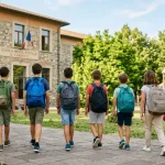 Studenti si apprestano ad entrare in una scuola al ritorno dalle vacanze scolastiche.
