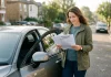 Automobilista controlla l'assicurazione auto fuori dalla sua macchina parcheggiata.