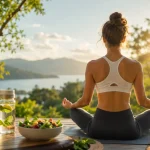 Persona che cerca il benessere psicofisico con lo yoga circondata da natura e piatti sani