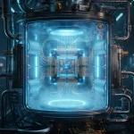 Rappresentazione futuristica di un processore per computer quantistico all'interno di una camera criogenica