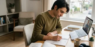 Persona che studia da autodidatta con libri, app e risorse online per imparare l'inglese gratis.